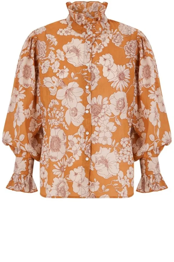 Bloezen & Tops<Antiek Batik Blouse Met Bloemenprint Leoni | Kameel