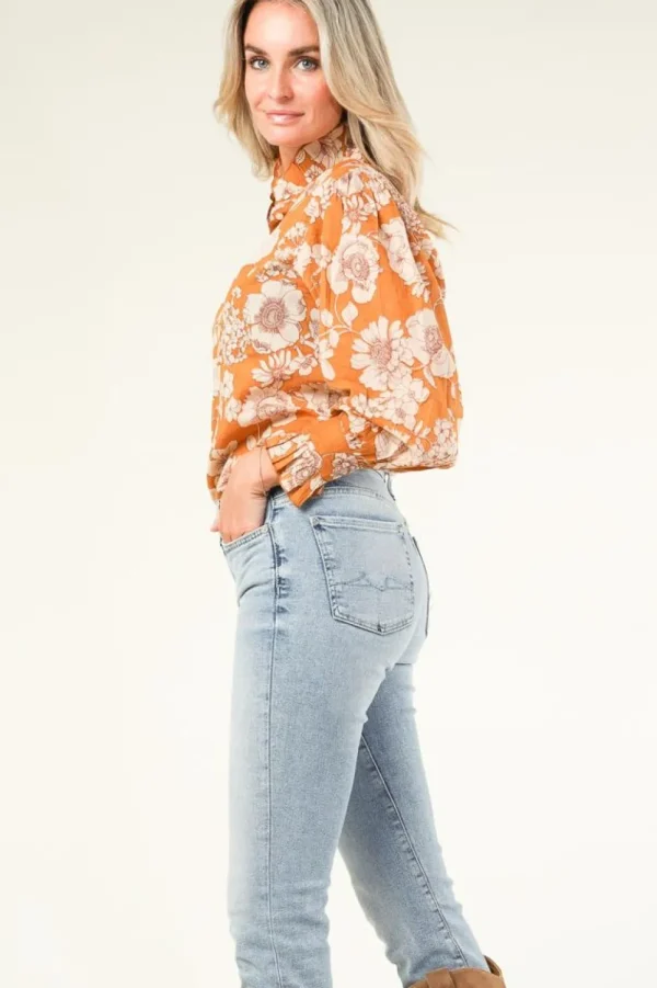 Bloezen & Tops<Antiek Batik Blouse Met Bloemenprint Leoni | Kameel